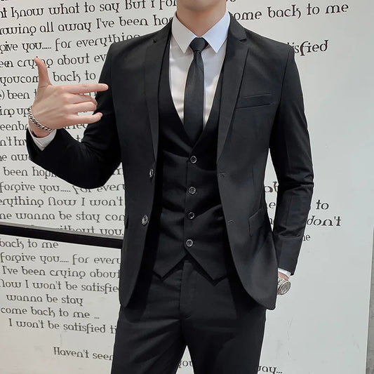 Traje (Blazer + Chaleco + Pantalones) para hombre, de negocios, caballero, moda, ajustado, trabajo, color liso, talla grande, vestido de fiesta, boda, padrino de boda.