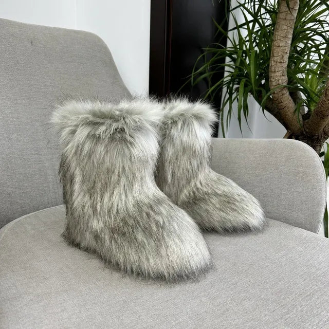 Botas de nieve de mapache para mujer, zapatos de media caña para exteriores, nuevas botas de invierno de una pieza 