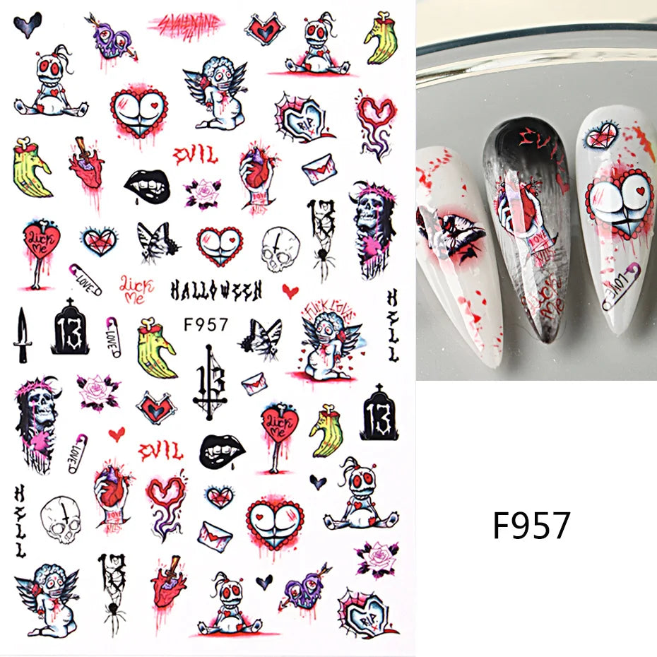 Cinturón negro 5D pegatinas en relieve gótico Halloween estilete calabaza calavera telaraña cremallera manicura uñas gel autoadhesivo decoración