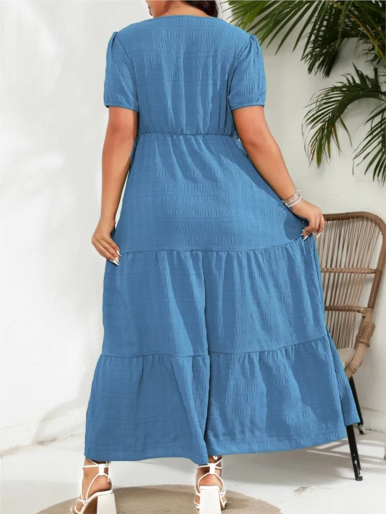 Plus size verão vestido longo feminino gola quadrada moda magro cintura alta senhoras vestidos plissado solto vestido de mulher