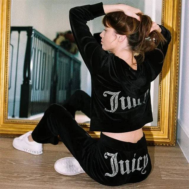 Women's Velvet Juicy Sweatshirt and Pants 2 Piece Suit Diamond Outfits Tracksuit Spring Autumn 2023 