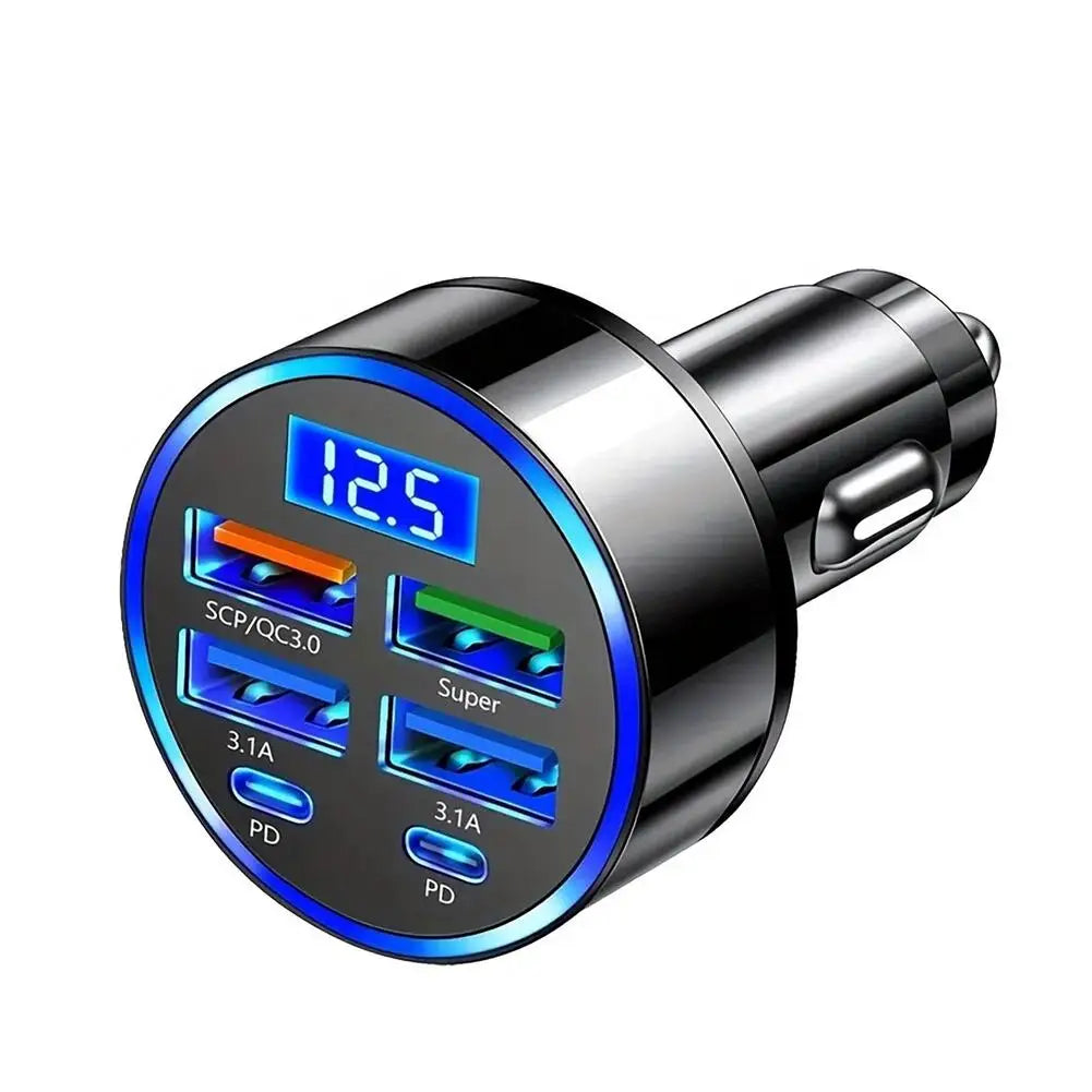 300W PD Car Charger 6 Ports Fast Charging QC3.0 USB C Car Phone Charger Type C Adapter Dual PD Super Fast with Digital Display