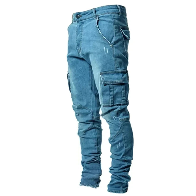 Street men's denim work pants washed solid color multi pocket casual mid waist pants slim fit daily wear jogging pants
