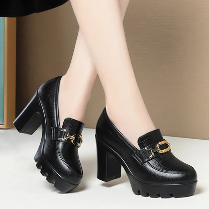Zapato de piel suave negro para mujer, tacón de bloque 2024, plataforma gruesa, modelo oficina, trabajo, tacones altos de 6,5 cm y 8 cm, Grace