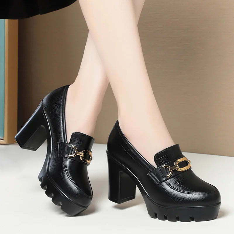 Soft Leather Black Shoe Woman Block Pumps 2024 Thick Bottom Platform Shoes Model Office Work 6.5 cm 8 cm High Heels Grace