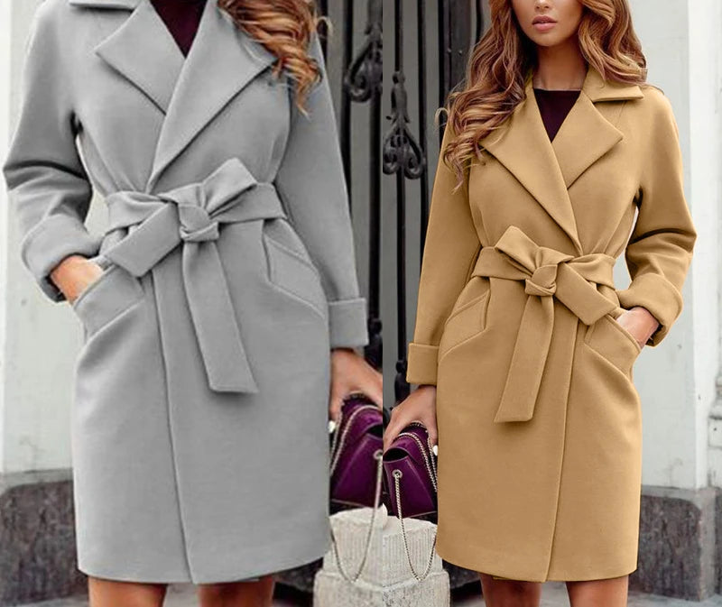 2023 Autumn and Winter Women's Fashionable Slim Fit Temperament Woolen Coat, Suit Collar Belt Slim Tie Long-sleeved Woolen Coat