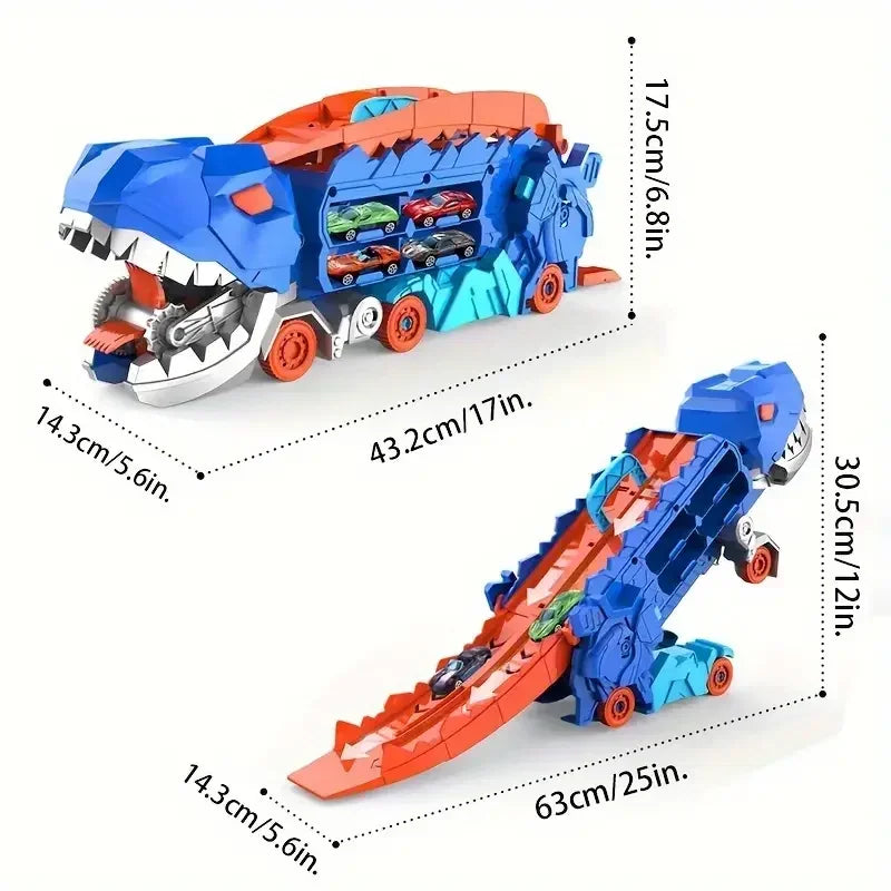 Transport Dinosaur Truck with Foldable Sliding Race Track Transforms into Standing T-rex Best Birthday Gifts Toys Boys Girls