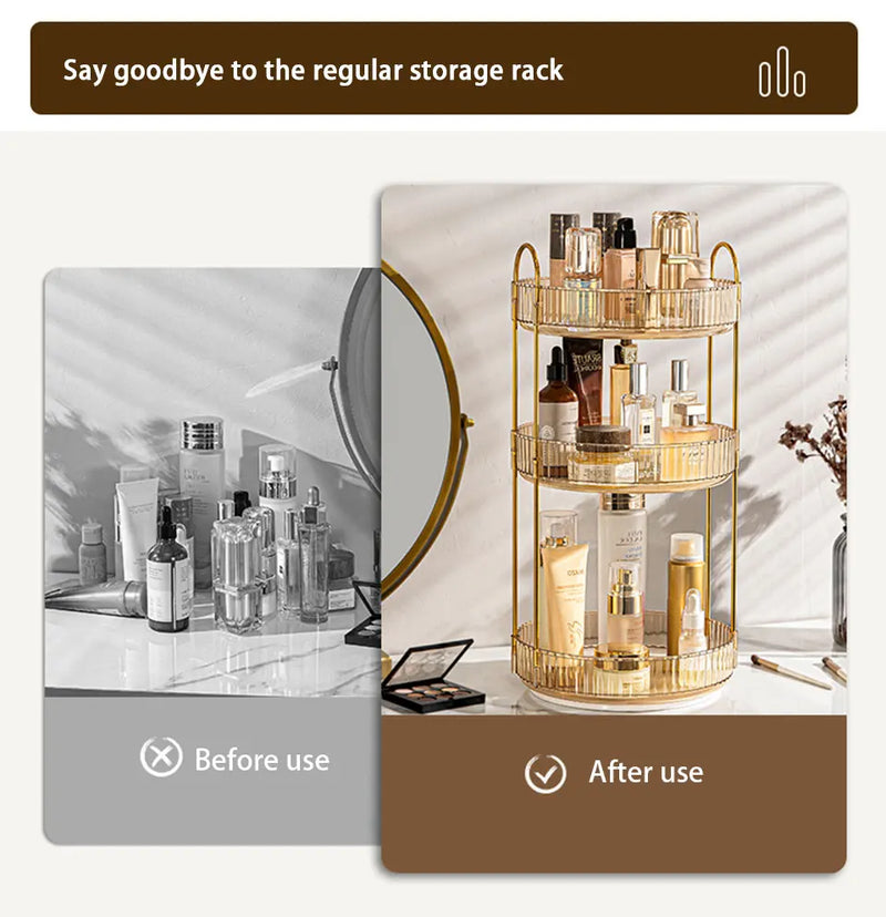 Organizador de maquillaje giratorio para tocador, organizador de 3 niveles para el cuidado de la piel, gran espacio de almacenamiento para encimera de baño, soporte transparente para cosméticos, tocador