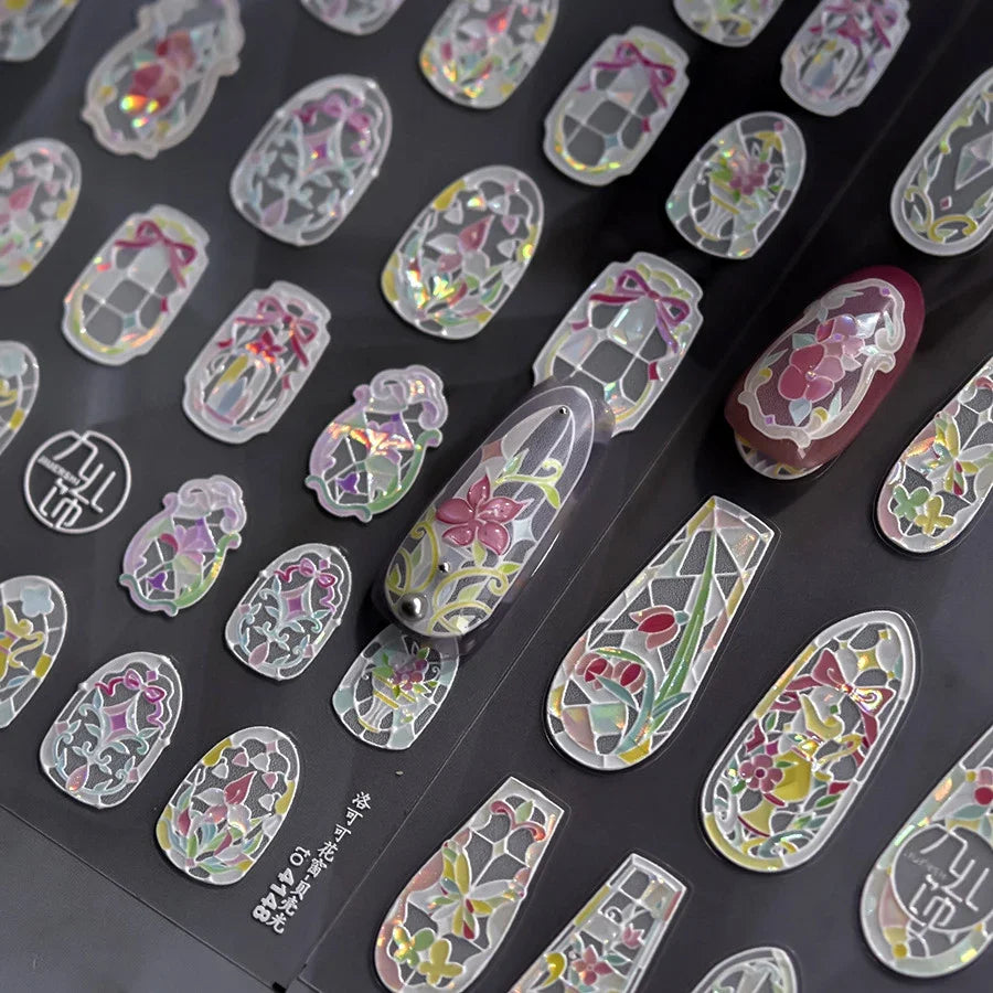 Flash Dreamy Chinese Flower Window Butterfly Glazed Rococo Geometric Frame Stamp Embossed Relief Nail Art Sticker Manicure Decal