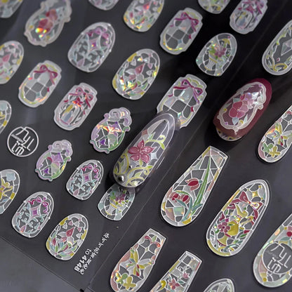 Flash Dreamy Chinese Flower Window Butterfly Glazed Rococo Geometric Frame Stamp Embossed Relief Nail Art Sticker Manicure Decal