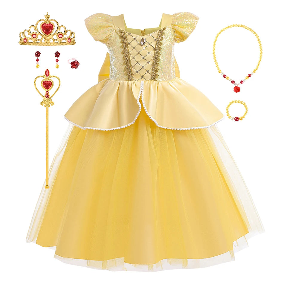 Children Princess Costume Kids Halloween Carnival Beauty Beast Birthday Party Clothes Girl Yellow Belle Cosplay Dress Up