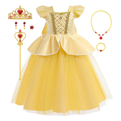 Children Princess Costume Kids Halloween Carnival Beauty Beast Birthday Party Clothes Girl Yellow Belle Cosplay Dress Up