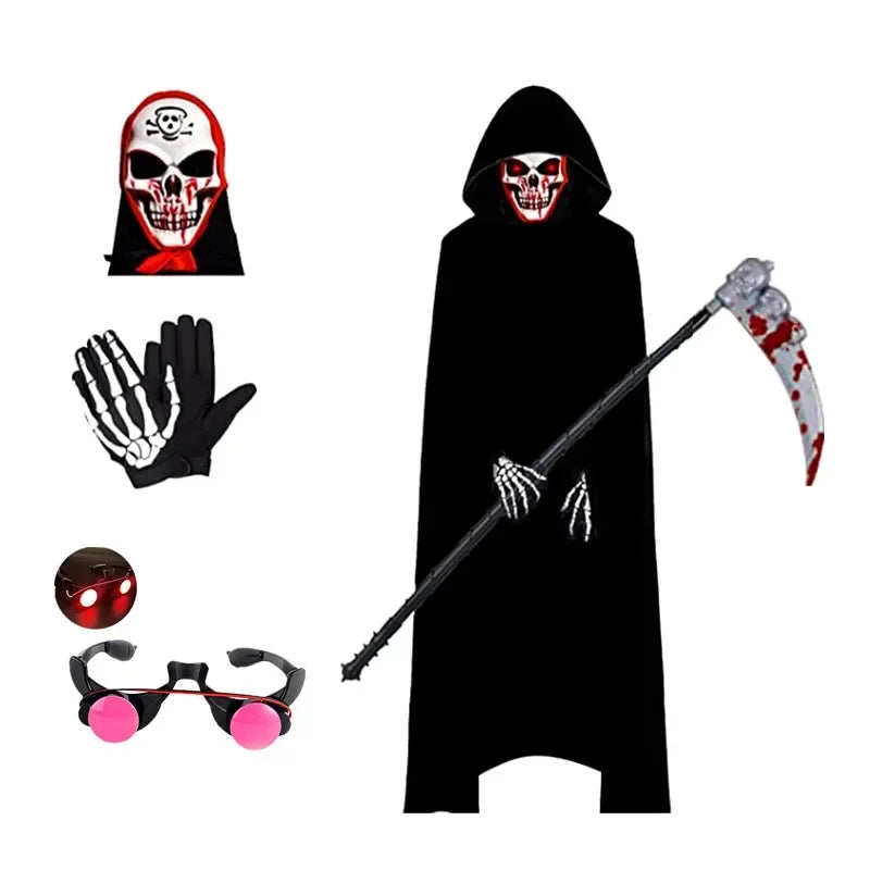 Halloween niños ojos rojos con capa con capucha y guadaña accesorios aterrador Grim Reaper niños máscara guantes disfraz Pascua Rave Robe