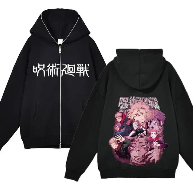 Chaquetas con cremallera de Anime Gojo Satoru, sudadera con capucha de forro polar fino, sudaderas con cremallera Y2K, Jujutsu Kaisen 