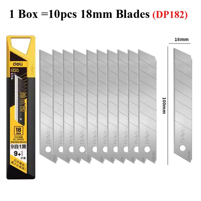 Deli 10pcs/box Knife Blade 9mm 18mm SK5 Metal Blades for Home School Supplies Art Craft Paper Box Cutting Utility Knife Tool