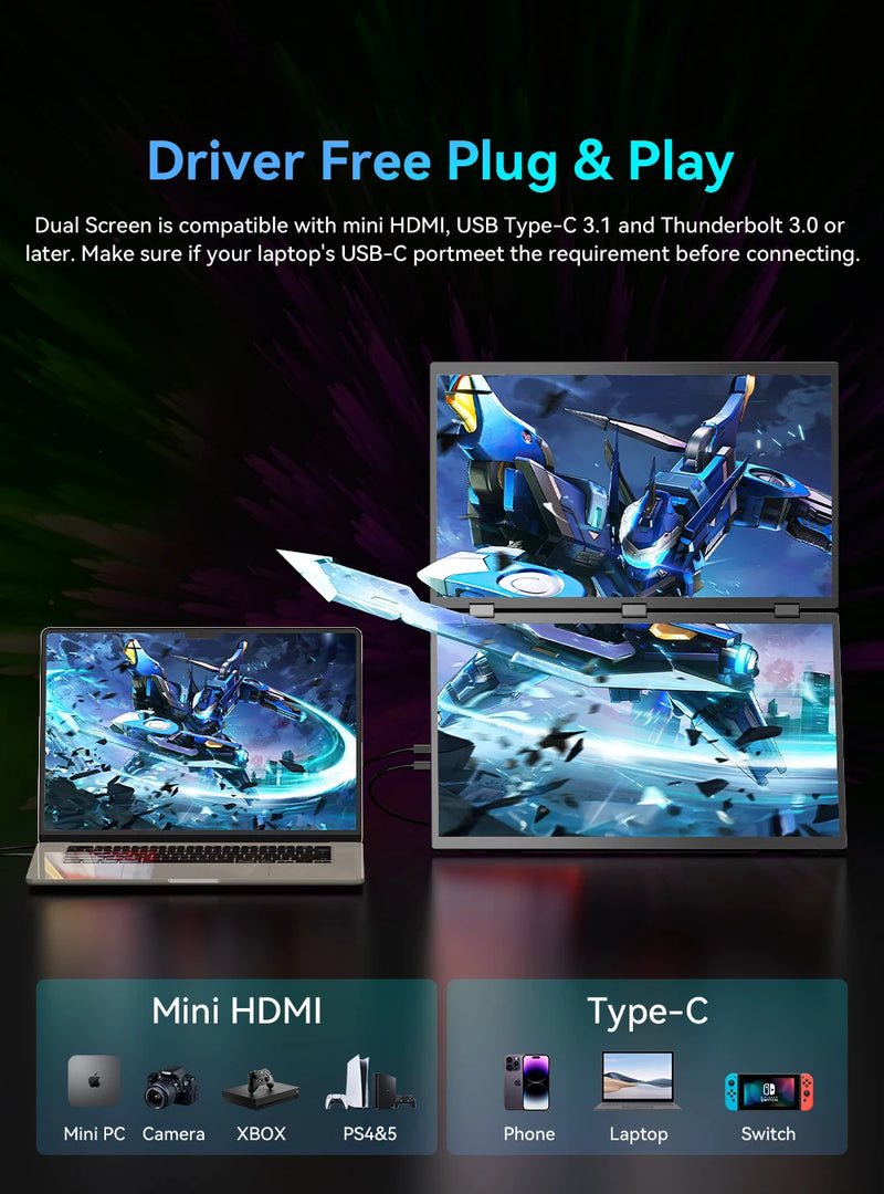 Cdisplay 15.6" Dual Portable Monitor 1080P FHD Laptop Screen Extender Folding Stacked Dual Monitors for Laptop PC Windows Mac