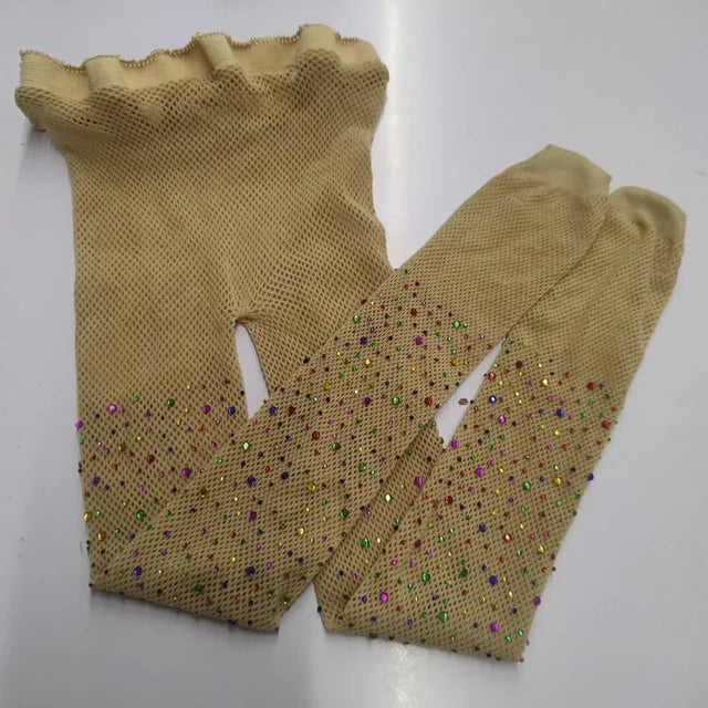 Medias de rejilla de moda para niñas, con encaje hueco y purpurina de diamantes de imitación, de verano 