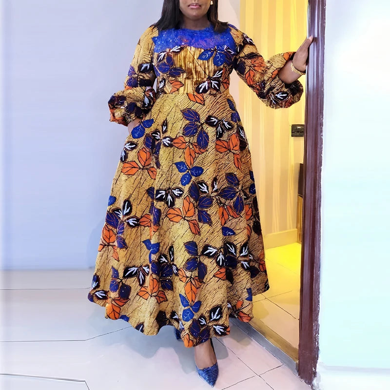 Plus Size VONDA Women Bohemian Maxi Dresses 2024 Casual Floral Printed Sundress Lace Patchwork Round Neck Elegant Robe Vestido