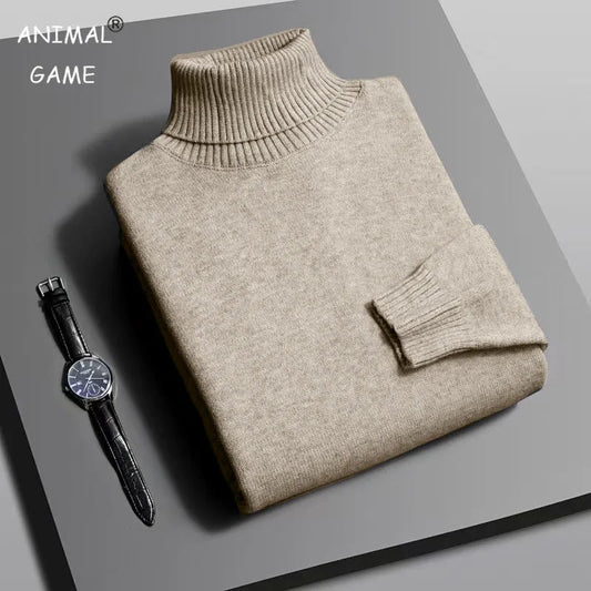 Suéter de cuello alto de punto de alta calidad para hombre, jersey ajustado de manga larga antibolitas, color liso, tendencia urbana, otoño