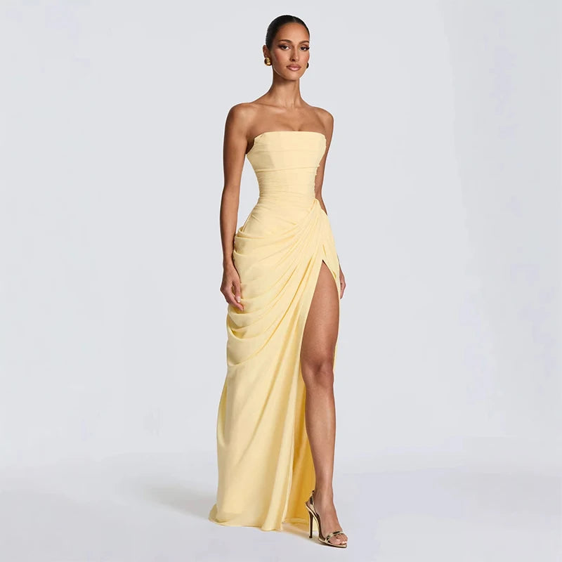 Sexy Solid Pleated Strapless Dress Lady Chic Off-shoulder Backless High Waist Split Dresses Women 2026 New Evening Party Gown