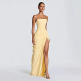 Sexy Solid Pleated Strapless Dress Lady Chic Off-shoulder Backless High Waist Split Dresses Women 2026 New Evening Party Gown