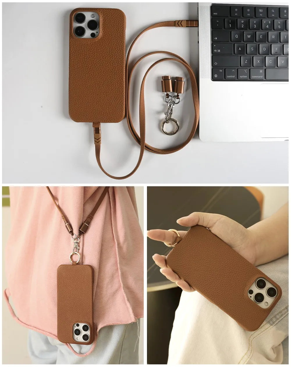 Funda de piel auténtica personalizable con cordón de carga para iPhone 16 Pro Max, 15, 14, 13, 12 y 11, con funda magnética.