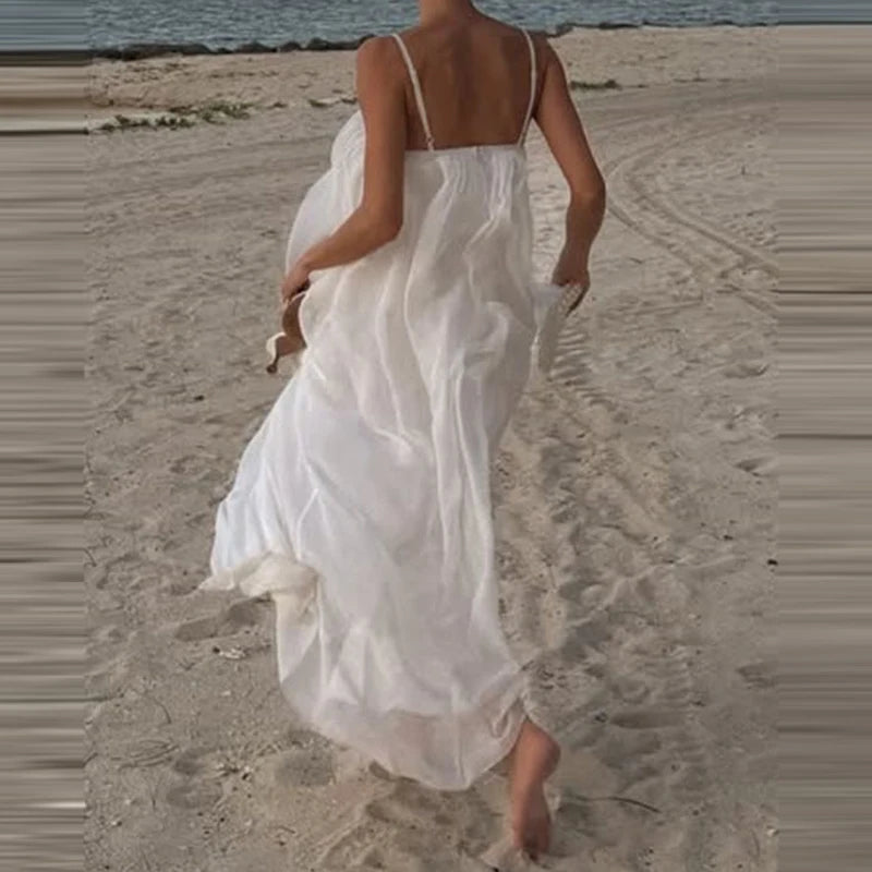 Lady Sexy Solid Color Deep V-neck Dress Elegant Suspender Beach Vacation Dress New Summer Chic Sleeveless Backless A-line Dress