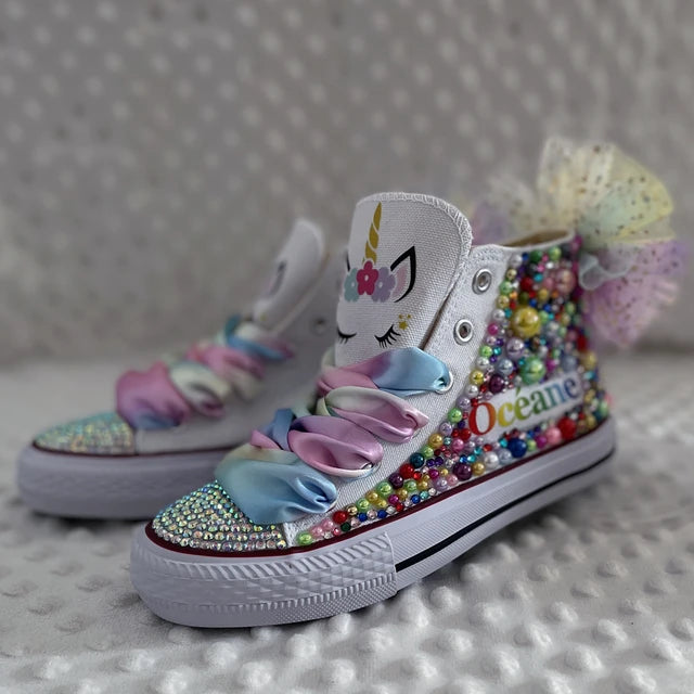 Dollbling Shell Simulation Canvas Shoes, DIY Bling Handmade Shoes, Mermaid Theme, Kids High Top Pearls Sneakers, Under the Sea 