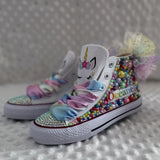 Dollbling Shell Simulation Canvas Shoes, DIY Bling Handmade Shoes, Mermaid Theme, Kids High Top Pearls Sneakers, Under the Sea 