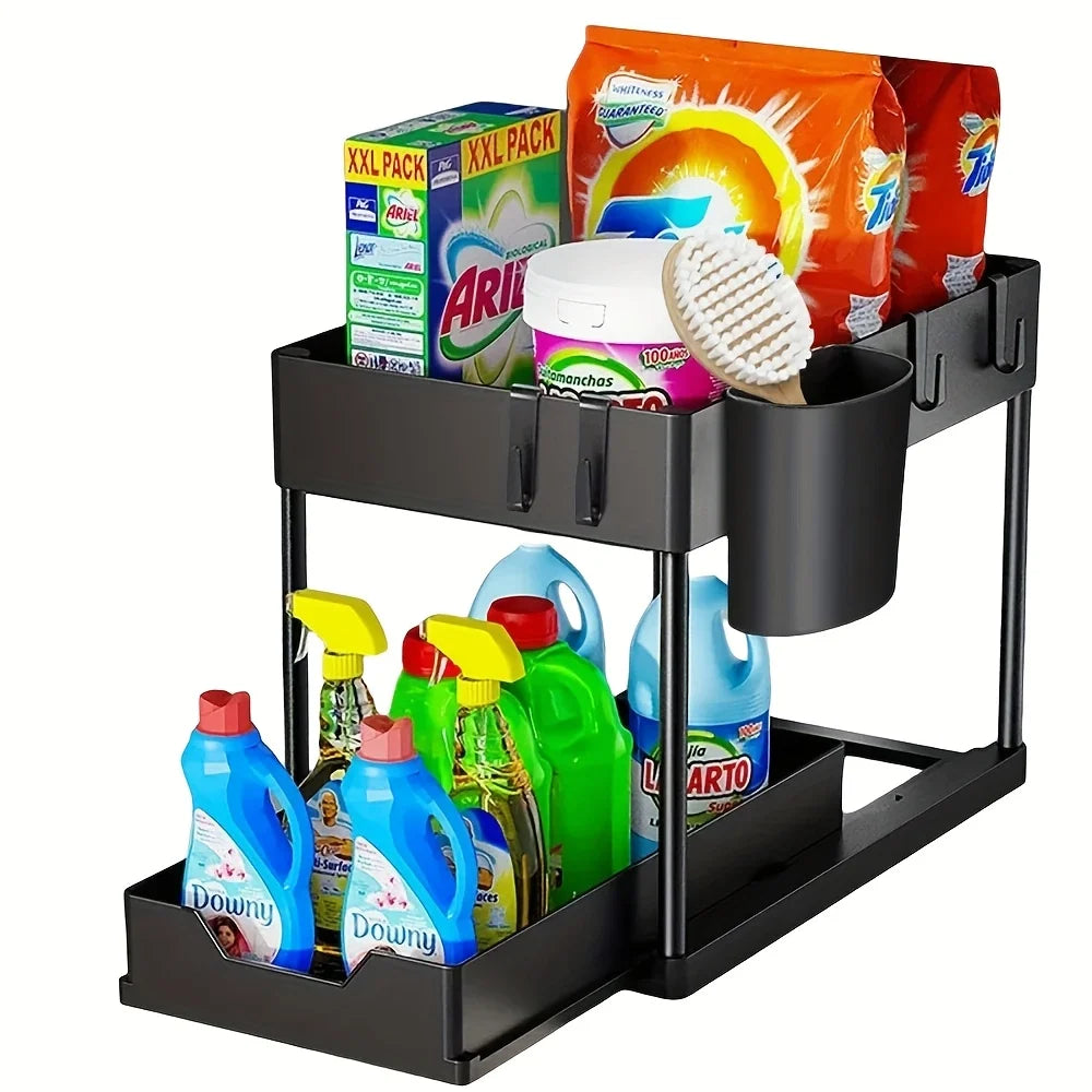 2 Tier Under Sink Organizer Sliding Cabinet Basket Organizer Storage Rack with Hooks Hanging Cup Bathroom Kitchen Organizer