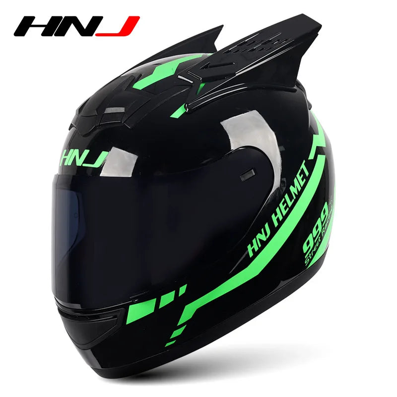 HNJ Men Motorcycle Helmet Women Full Face Helmet Riding Personality Horn Pink Helmet DOT Certification Motorcycle Helmet
