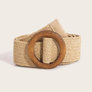 Ladies Round Dark Wooden Buckle Pp Straw Woven Elastic Belt Versatile Summer Fashion Bohemian Style Geometric Pattern