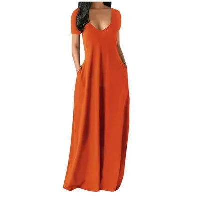 AliExpress Europa e nos Estados Unidos verão transfronteiriço novo plus size vestido de cor sólida sexy profundo V manga curta saia longa