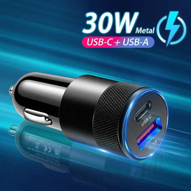 Mini USB C Car Charger 30W PD Phone Power Adapter For iPhone Xiaomi Samsung Fast Charging Cigarette Lighter Socket USB Charger