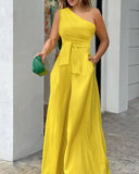 Elegant Wide Leg Jumpsuit for Women One Shoulder Sleeveless Pocket Design Tied Detail Work Office Lady Summer Fashion Jumpsuit