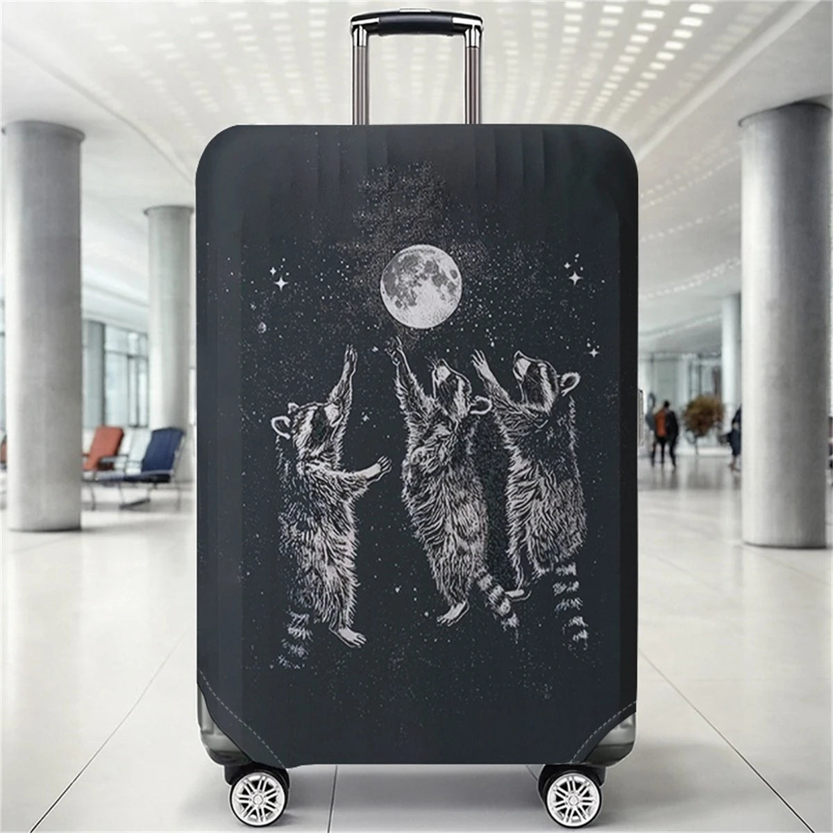Raccoon Moon Playful Black Bottom Pattern Luggage Protective Cover, suitable for 18-32 inch luggage covers, luggage handle glove