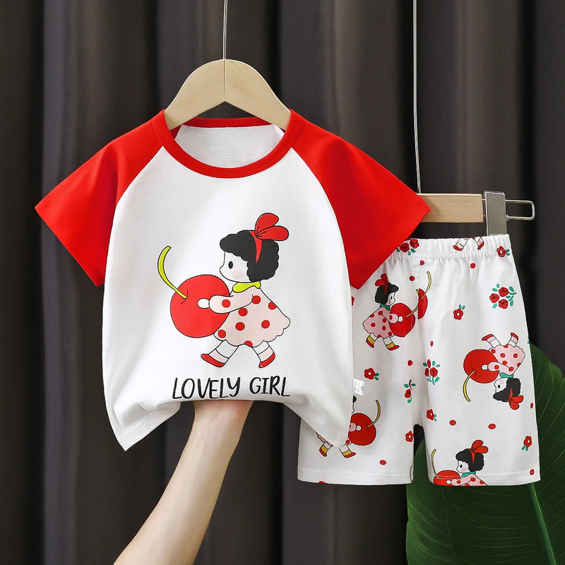 New Boys Summer Clothing Set Full Bear Print Cotton Short Sleeve T-shirts and Shorts 2PCS Breathable Outfit For Girls