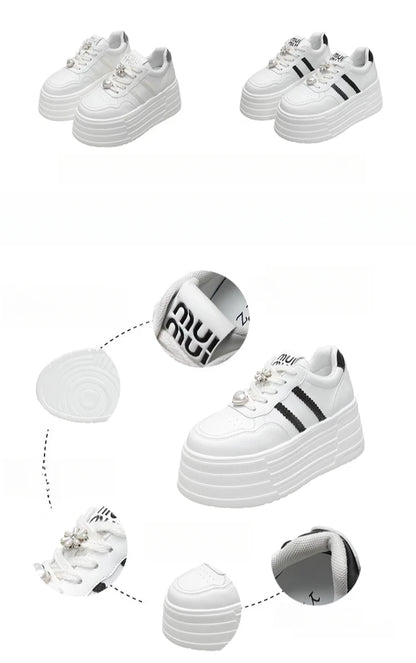 8cm Leather Flats Casual Dad Shoes Chunky Sneakers 2025 Women Platform Sports Shoes Ladies Skateboard Hidden Heels Shoes Tennis