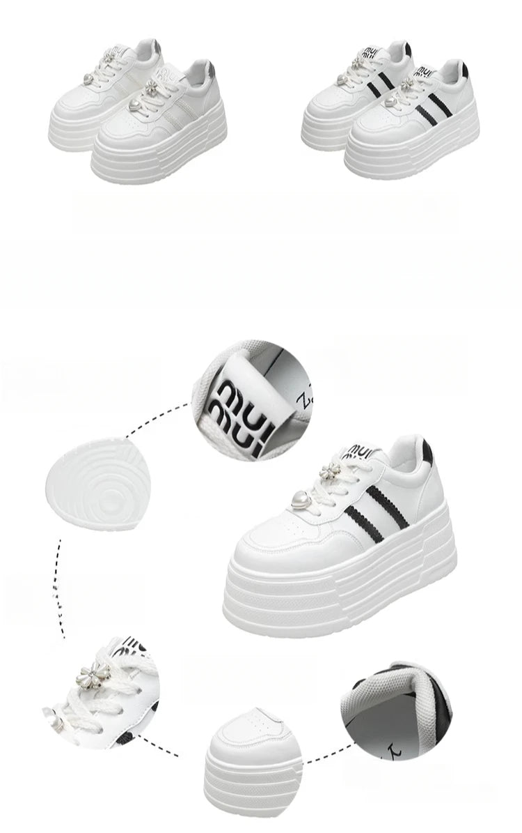 8cm Leather Flats Casual Dad Shoes Chunky Sneakers 2025 Women Platform Sports Shoes Ladies Skateboard Hidden Heels Shoes Tennis