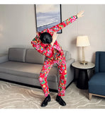 Men Suit 2 Piece Fashion Party Mens Vintage Print Big flower in northeast China Suits Jacket Pants Men Sets