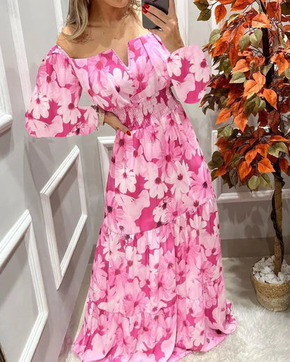 Women's Dresses 2022 Summer Vintage Print Off The Shoulder Casual V Neck Long Sleeved Waist Slim Maxi Dress