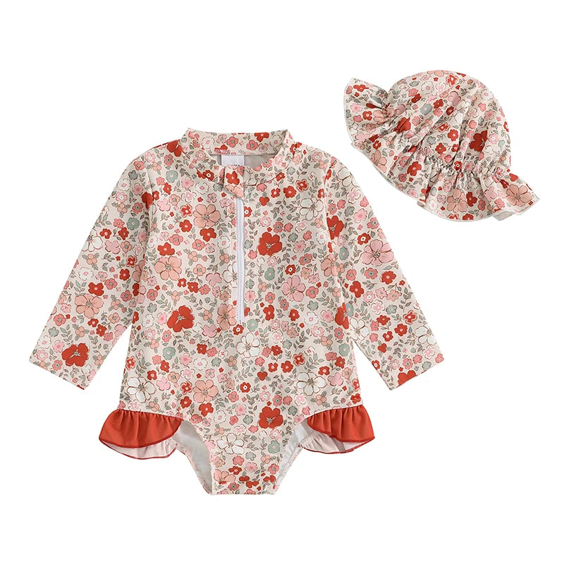 Traje de baño de verano para niñas pequeñas, estampado floral, sin espalda, con volantes, manga larga, ropa de playa para niñas de 0 a 4 años