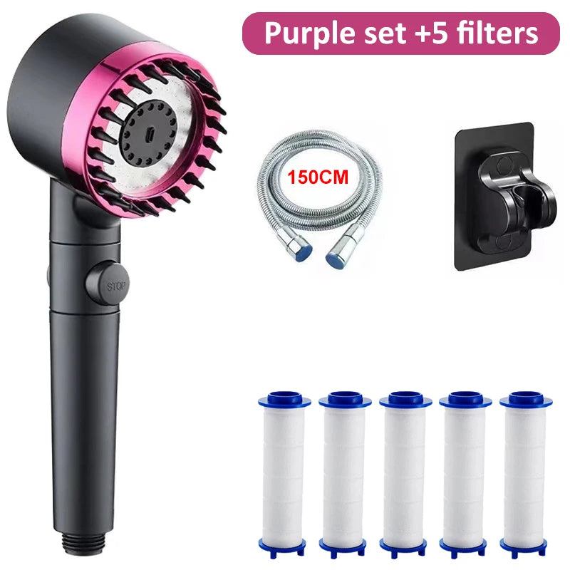 Cabezal de ducha de alta presión con 4 modos de ducha ajustables y filtros de cepillo de masaje, accesorios de baño para ahorrar agua.