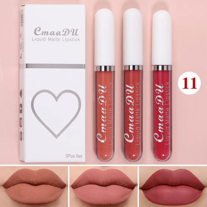 Juego de 3 brillos labiales de terciopelo mate, resistentes al agua, de larga duración, líquidos, cosméticos, maquillaje que dura 24 horas.