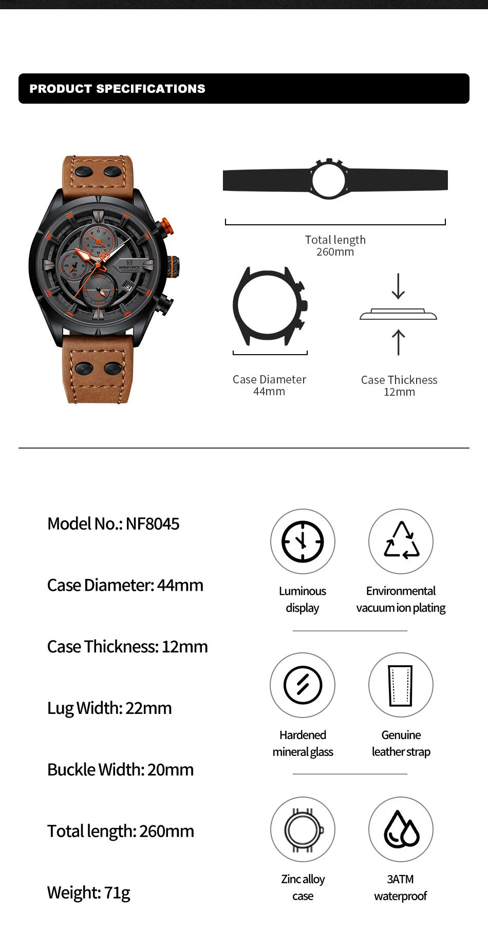 NAVIFORCE Men Casual Watch Fashion Luxury Waterproof Genuine Leather Strap Male Chronograph Quartz WristWatch Relogio Masculino