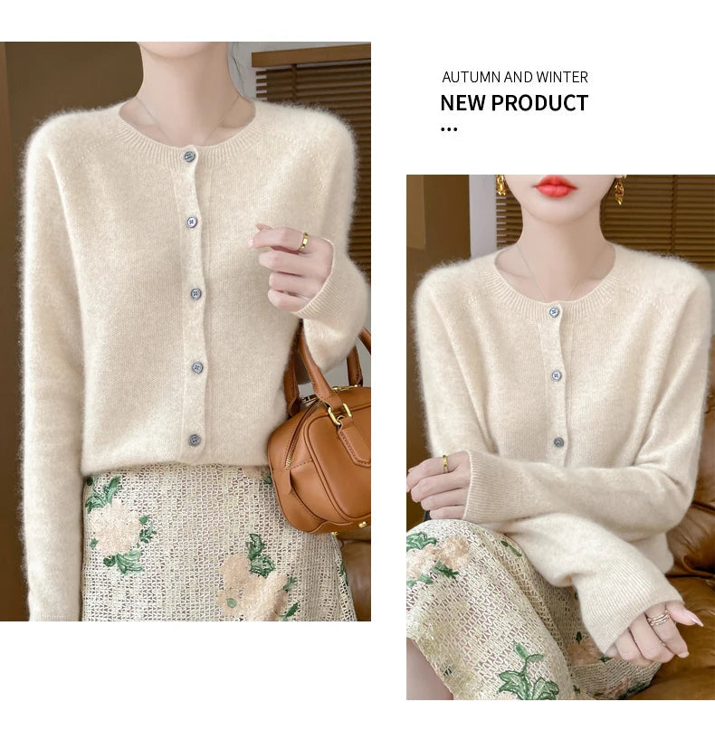 100% Merino Wool Long Sleeve Sweaters Cashmere Cardigan Spring Autumn Women O-Neck Knitwear Tops Clothing Fashion Basic Tops