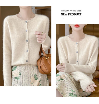 100% Merino Wool Long Sleeve Sweaters Cashmere Cardigan Spring Autumn Women O-Neck Knitwear Tops Clothing Fashion Basic Tops