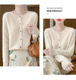 100% Merino Wool Long Sleeve Sweaters Cashmere Cardigan Spring Autumn Women O-Neck Knitwear Tops Clothing Fashion Basic Tops