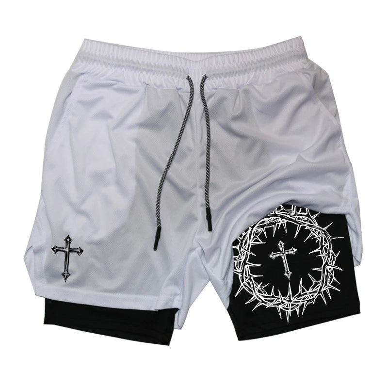 Cross Print 2 in 1 Workout Running Shorts for Men Christian Gym Performance Shorts with Phone Pocket Towel Loop Athletic Outfits