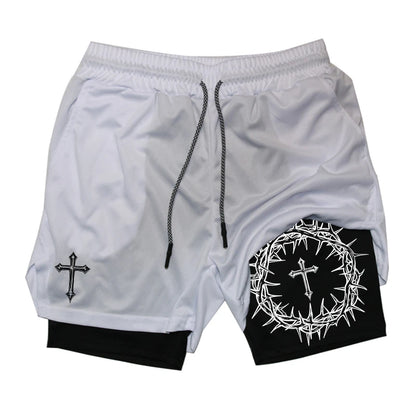 Cross Print 2 in 1 Workout Running Shorts for Men Christian Gym Performance Shorts with Phone Pocket Towel Loop Athletic Outfits